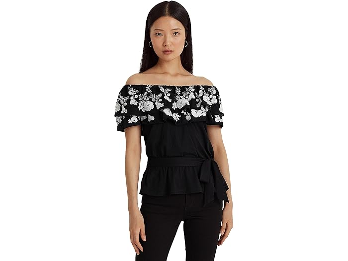 () [ t[ fB[X GuC_[ W[W It-U-V_[ gbv LAUREN Ralph Lauren women LAUREN Ralph Lauren Embroidered Jersey Off-the-Shoulder Top Black/White