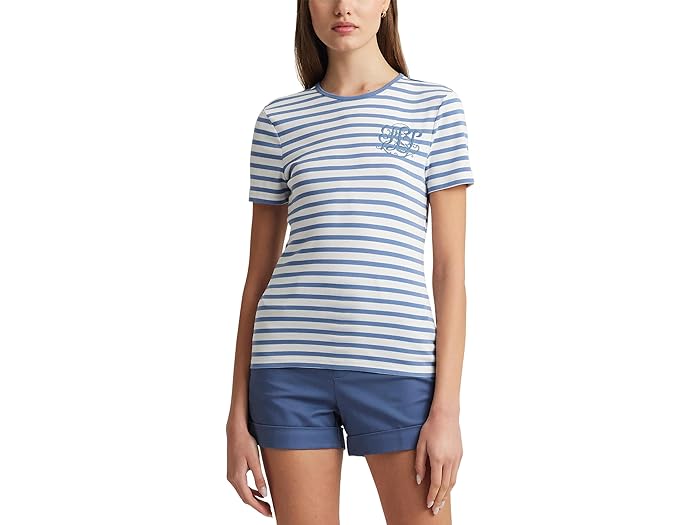 () [ t[ fB[X XgCvh Xgb` Rbg N[ lbN eB[ LAUREN Ralph Lauren women LAUREN Ralph Lauren Striped Stretch Cotton Crew Neck Tee White/Pale Azure