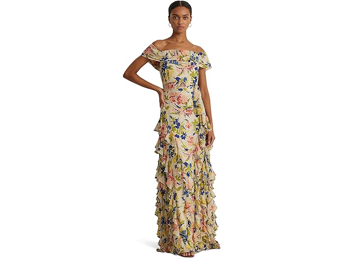 () [ t[ fB[X t[ W[[bg It-U-V_[ KE LAUREN Ralph Lauren women LAUREN Ralph Lauren Floral Georgette Off-the-Shoulder Gown Cream/Blue Multi