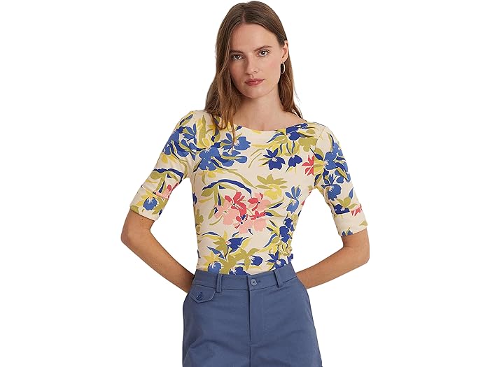 () [ t[ fB[X seB[g t[ Xgb` Rbg {[glbN eB[ LAUREN Ralph Lauren women LAUREN Ralph Lauren Petite Floral Stretch Cotton Boatneck Tee Cream/Blue/Multi