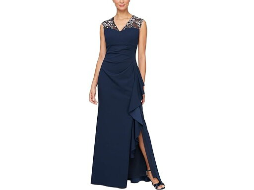 (取寄) アレックス イブニングス レディース ロング マット ジャージ ドレス ウィズ エンブロイダー イリュージョン ネックライン Alex Evenings women Long Matte Jersey Dress with Embroidered Illussion Neckline Navy/Pink (取寄) アレックス イブニングス レディース ロング マット ジャージ ドレス ウィズ エンブロイダー イリュージョン ネックライン Alex Evenings women Long Matte Jersey Dress with Embroidered Illussion Neckline Navy/Pink