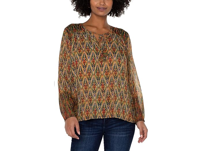 () ov[T[X fB[X O X[u _u C[ ^C tg E[u uEU Liverpool Los Angeles women Liverpool Los Angeles Long Sleeve Double Layer Tie Front Woven Blouse Multicolor Print Ikat