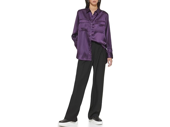 () _iLj[[N fB[X O X[u c[-|Pbg {^ tg uEU DKNY women DKNY Long Sleeve Two-Pocket Button Front Blouse Blackberry