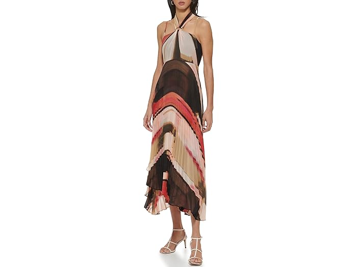 () _iLj[[N fB[X X[uX vg VtH v[c z^[ hX DKNY women DKNY Sleeveless Print Chiffon Pleated Halter Dress Amalfi Pink/Pristine Multi