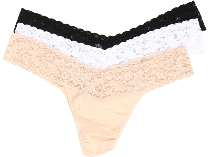 () ϥ󥭡 ѥ󥭡 ǥ ˥å åȥ  饤 ȥ W/ 졼 3-ѥå Hanky Panky women Hanky Panky Organic Cotton Low Rise Thong w/ Lace 3-Pack Black/White/Chai