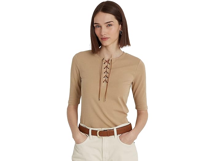 () [ t[ fB[X [X-Abv Xgb` Rbg eB[ LAUREN Ralph Lauren women LAUREN Ralph Lauren Lace-Up Stretch Cotton Tee Birch Tan