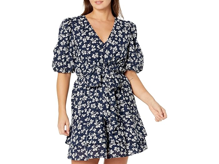 () [ t[ fB[X seB[g vg ^C tg Rbg ptX[u hX LAUREN Ralph Lauren women LAUREN Ralph Lauren Petite Print Tie Front Cotton Puff-Sleeve Dress Navy/Cream