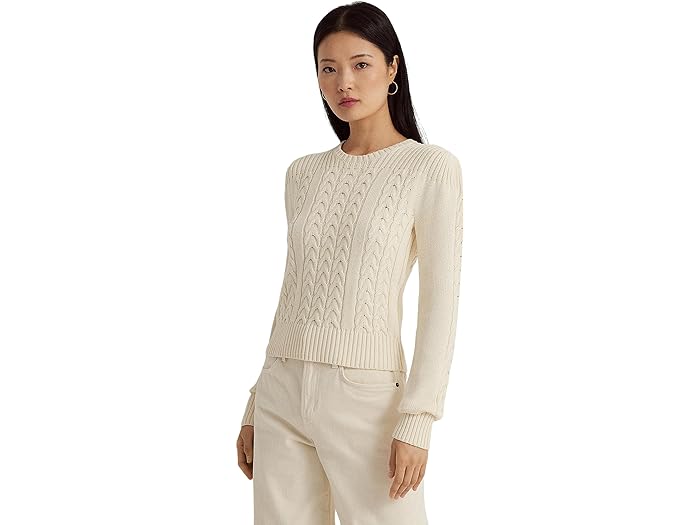 () [ t[ fB[X P[ujbg ptX[u Z[^[ LAUREN Ralph Lauren women LAUREN Ralph Lauren Cable-Knit Puff-Sleeve Sweater Mascarpone Cream