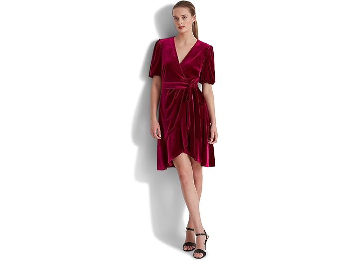 () [ t[ fB[X xebh xlbg ptX[u hX LAUREN Ralph Lauren women LAUREN Ralph Lauren Belted Velvet Puff-Sleeve Dress Garnet