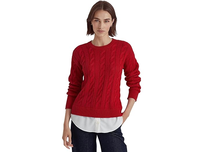 () [ t[ fB[X C[h Rbguh P[ujbg Z[^[ LAUREN Ralph Lauren women LAUREN Ralph Lauren Layered Cotton-Blend Cable-Knit Sweater Classic Red