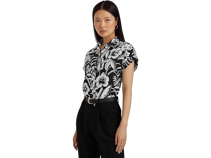 () [ t[ fB[X t[ l V[g X[u Vc LAUREN Ralph Lauren women LAUREN Ralph Lauren Floral Linen Short Sleeve Shirt Black/White