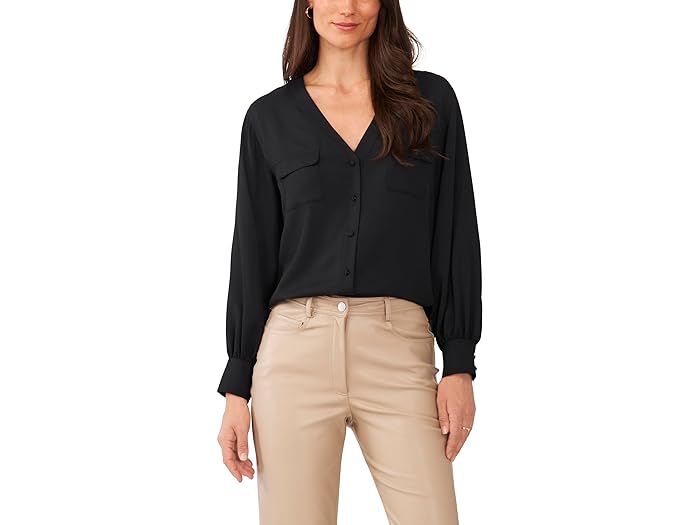 (取寄) ヴィンスカムート レディース V-ネック ボタンアップ ブラウザ Vince Camuto women Vince Camuto V-Neck Button-Up Blouse Rich Black