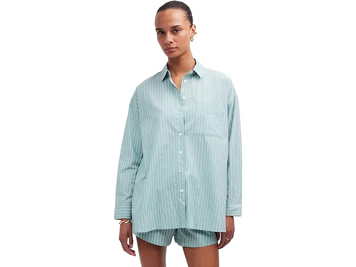 () ChEF fB[X U VOj`[ |v I[o[TCY Vc C XgCv Madewell women Madewell The Signature Poplin Oversized Shirt in Stripe Dusty Verdigris