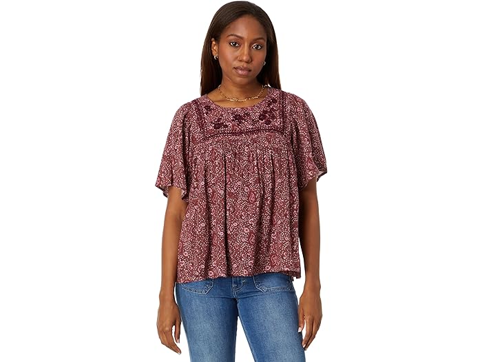 () bL[uh fB[X V[g X[u GuC_[ gbv Lucky Brand women Lucky Brand Short Sleeve Embroidered Top Rose Brown Paisley