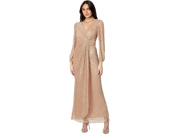 () AhAi p؃ fB[X O X[u NN ^bN TCh h[vh KE Adrianna Papell women Adrianna Papell Long Sleeve Crinkle Metallic Side Draped Gown Light Gold