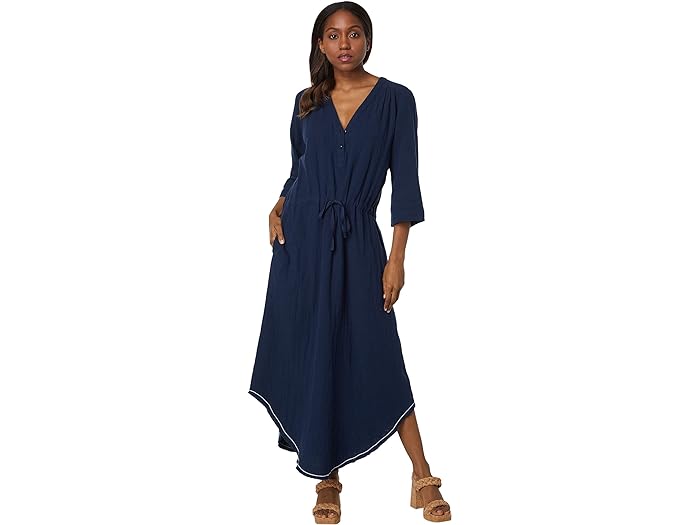 ()  P fB[X 3/4 X[u XvbglbN }LV hX Lilla P women Lilla P 3/4 Sleeve Split-Neck Maxi Dress Navy