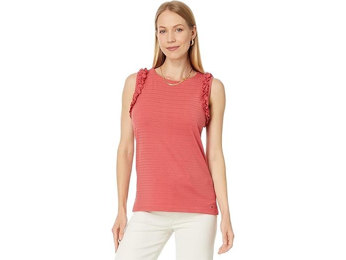 (取寄) トミーヒルフィガー レディース スリーブレス ラッフル タンク Tommy Hilfiger women Sleeveless Ruffle Tank Mineral Red