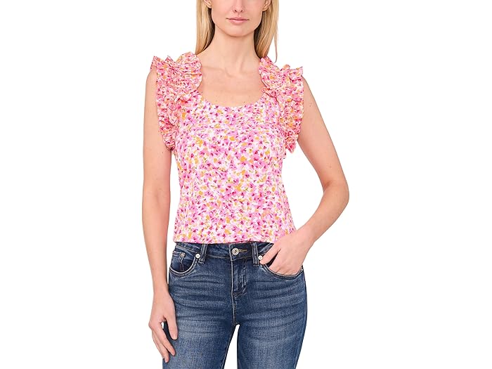 (取寄) シーシー レディース フローラル ラッフル リブ タンク CeCe women Floral Ruffle Rib Tank New Ivory