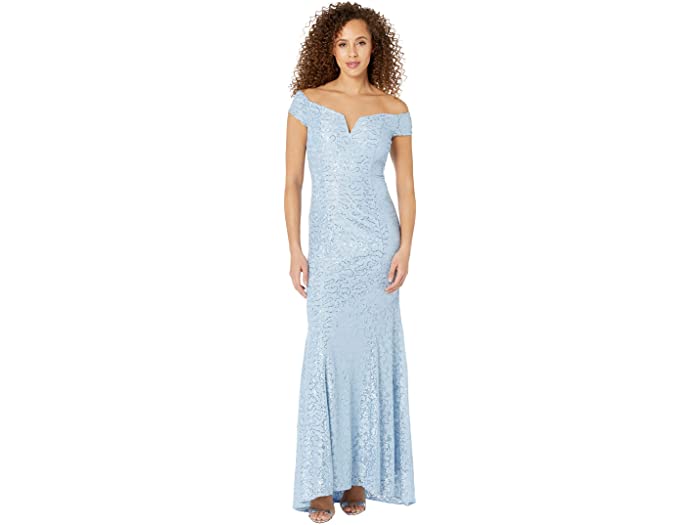 (取寄) ヴィンスカムート レディース オフショルダー ガウン ウィズ V バー AT ネック Vince Camuto women Off-the-Shoulder Gown with V Bar At Neck Sky