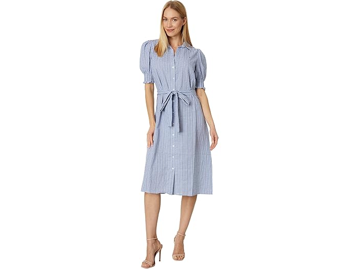 (取寄) トミーヒルフィガー レディース パフ スリーブ ギンガム ミディ ドレス Tommy Hilfiger women Puff Sleeve Gingham Midi Dress Dobby Gingham/Harbor Blue/Bright Whiteのサムネイル