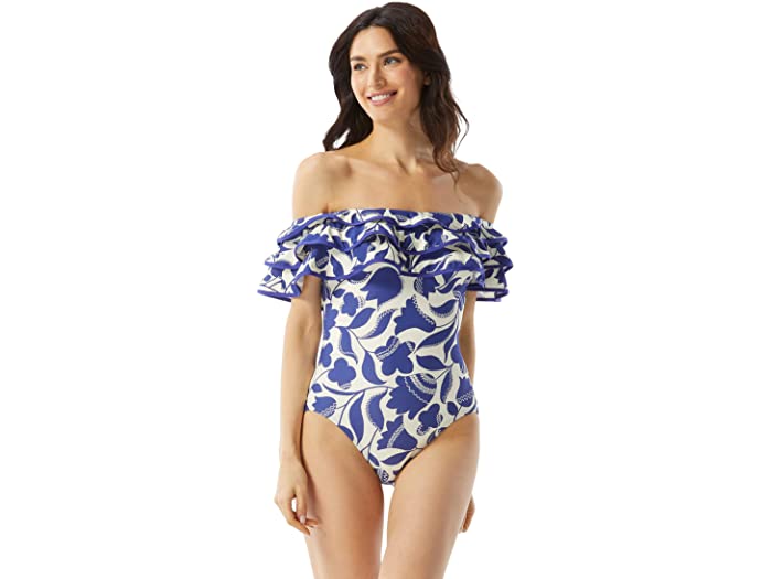 (取寄) ケイトスペード ジグザグ フローラル ラッフル オフショルダー ワンピース Kate Spade New York Zigzag Floral Ruffle Off-the-Shoulder One-Piece Blue Berry