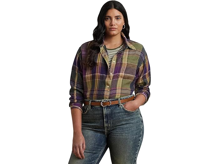 (取寄) ローレン ラルフローレン レディース プラス サイズ ブロウリー ロング スリーブ ボタン フロント シャツ Lauren Ralph Lauren women Plus Size Brawley Long Sleeve Button Front Shirt Purple/Green Multi