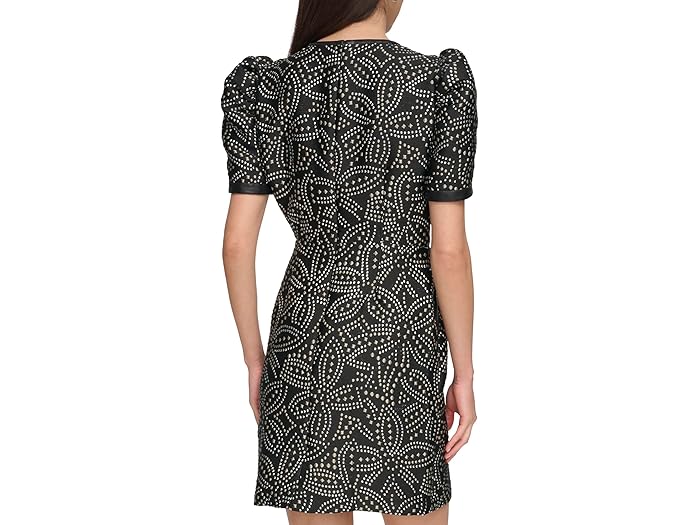 (取寄) ダナキャランニューヨーク レディース ショート スリーブ フォー スタッズ ショルダー カット ドレス DKNY women Short Sleeve Faux Stud Shoulder Cut Dress Silver/Black