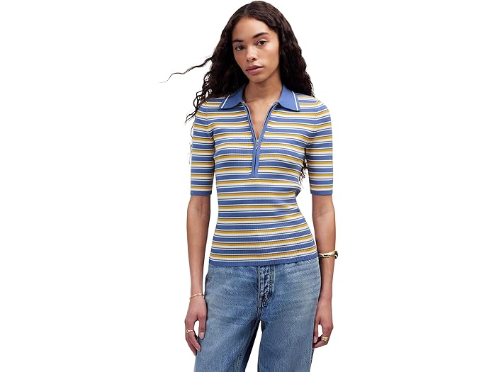 (取寄) メイドウェル レディース ストライプ レミ コットン コンパクト ジップ ポロ Madewell women Stripe Remi Cotton Compact Zip Polo Delphinium Stripe