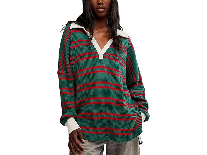 (取寄) フリーピープル レディース ストライプド トラビス ポロ Free People women STRIPED TRAVIS POLO Forest Combo