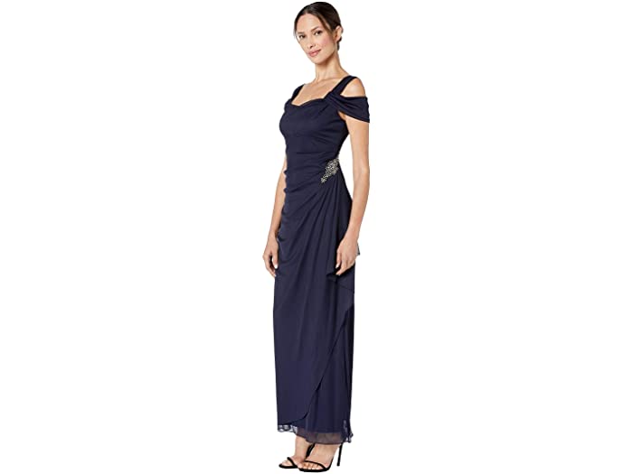 (取寄)アレックスイブニングスロングコールドショルダードレスウィズカウルネックラインAlexEveningsLongColdShoulderDresswithCowlNecklineNavy