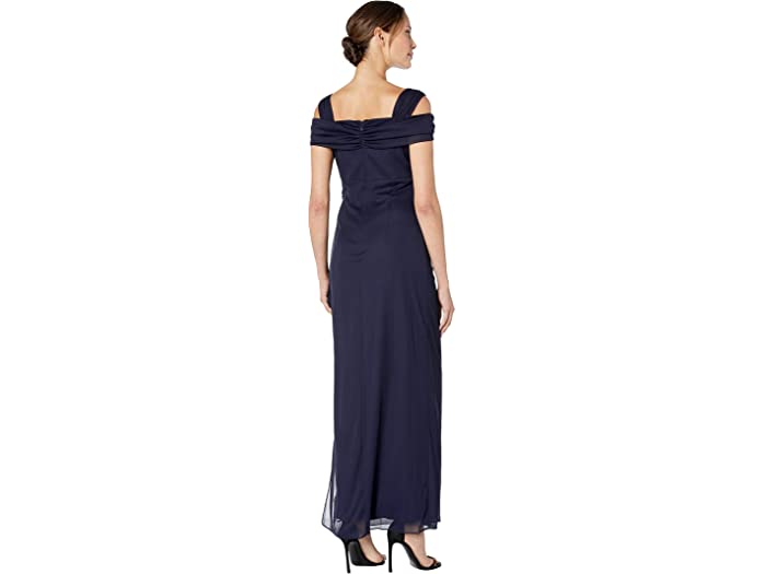 (取寄)アレックスイブニングスロングコールドショルダードレスウィズカウルネックラインAlexEveningsLongColdShoulderDresswithCowlNecklineNavy