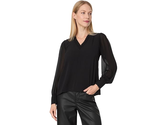 (取寄) シーシー レディース ロング スリーブ V-ネック トップ W/ コンボ スリーブ アンド ネックライン CeCe women Long Sleeve V-Neck Top W/ Combo Sleeve & Neckline Rich Black