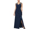 (取寄) アレックス イブニングス レディース ロング マット ジャージ ドレス ウィズ エンブロイダー イリュージョン ネックライン Alex Evenings women Long Matte Jersey Dress with Embroidered Illussion Neckline Navy/Pink