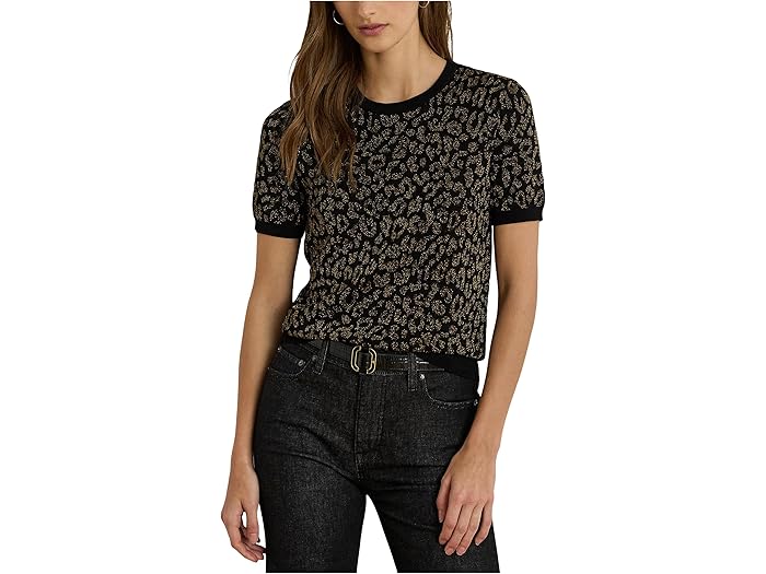 (取寄) ローレン ラルフローレン レディース メタリック オセロット ショートスリーブ セーター Lauren Ralph Lauren women Metallic Ocelot Short-Sleeve Sweater Black/Relic Gold Multi