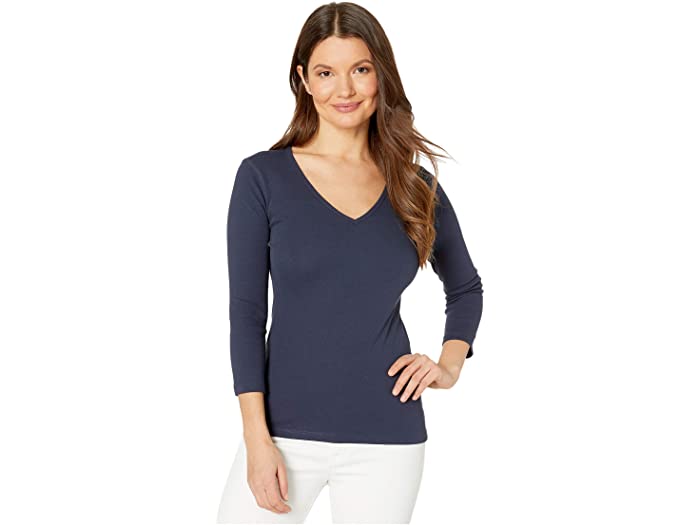 ()  P fB[X 1X1 u 3/4 X[u V-lbN gbv Lilla P women Lilla P 1x1 Rib 3/4 Sleeve V-Neck Top Dark Navy