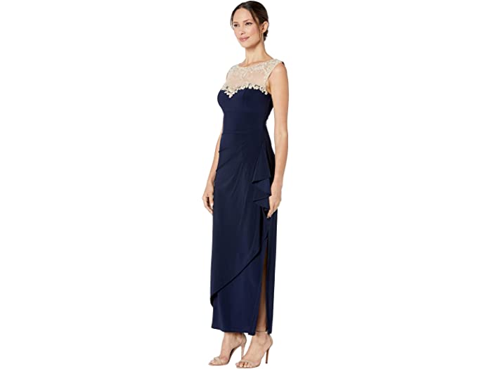 (取寄)アレックスイブニングスピティートロングスリーブレスドレスウィズスウィートハートネックラインAlexEveningsPetiteLongSleevelessDresswithSweetheartNecklineNavy/Nude