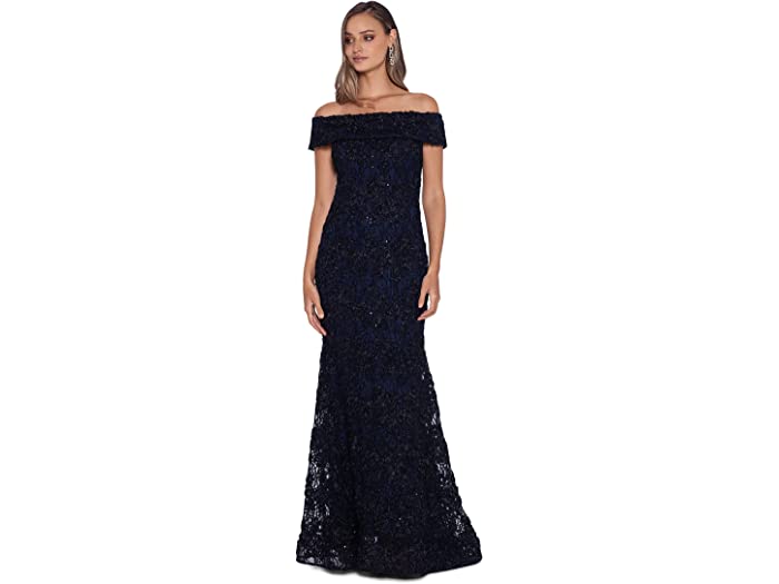 (取寄) エスケイプ レディース オフショルダー ロング レース ドレス XSCAPE women Off-the-Shoulder Long Lace Dress Black/Navy