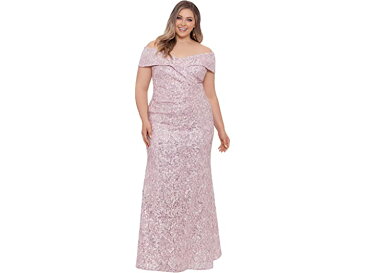 (取寄) エスケイプ レディース プラス サイズ ロング シークイン レース オフショルダー XSCAPE women Plus Size Long Sequin Lace Off-the-Shoulder Blush