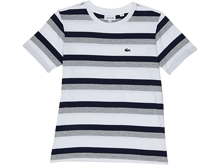 (取寄) ラコステ キッズ ボーイズ ショート スリーブ ストライプド ティー シャツ (トドラー/リトル キッズ/ビッグ キッズ) Lacoste Kids boys Short Sleeve Striped Tee Shirt (Toddler/Little Kids/Big Kids) White/Navy Blue/Heather Wall Chine