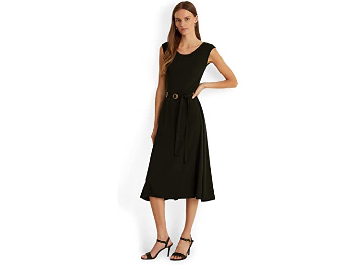 (取寄) ローレン ラルフローレン レディース ベルテッド ジャージ ドレス LAUREN Ralph Lauren women Belted Jersey Cap-Sleeve Dress Polo Black