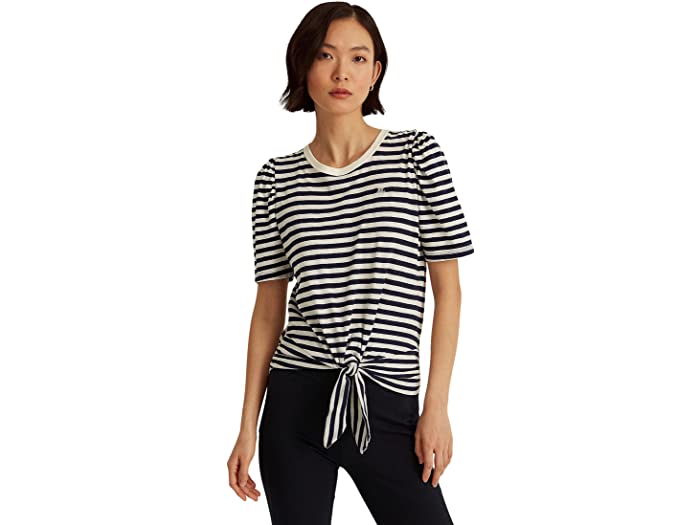 (取寄) ローレン ラルフローレン レディース ストライプド タイ フロント スラブ ジャージ ティー LAUREN Ralph Lauren women Striped Tie Front Slub Jersey Tee Pale Cream/French Navy