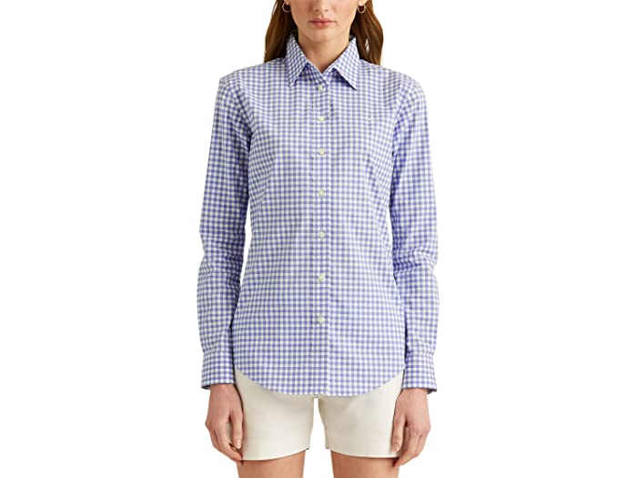 (取寄) ローレン ラルフローレン レディース ピティート イージー ケア ギンガム コットン シャツ LAUREN Ralph Lauren women Petite Easy Care Gingham Cotton Shirt Blue Loch/White