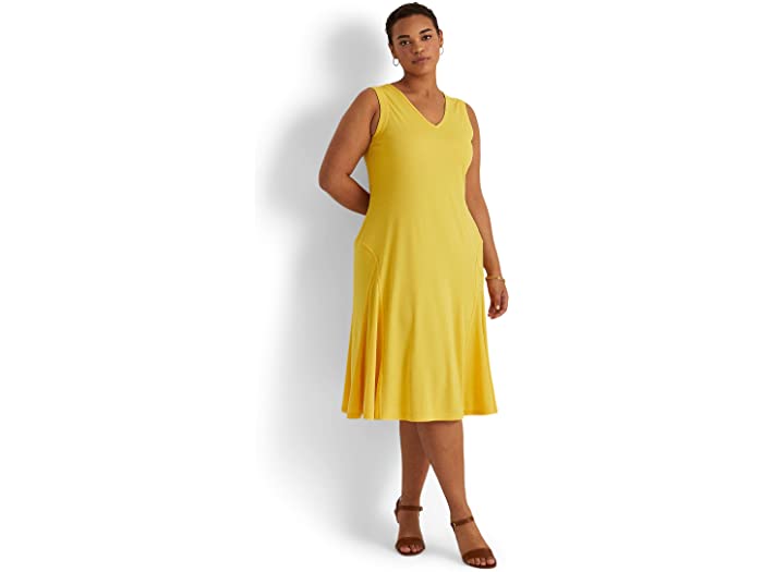 (取寄) ローレン ラルフローレン レディース プラス サイズ ストレッチ ジャージ スリーブレス ドレス LAUREN Ralph Lauren women Plus Size Stretch Jersey Sleeveless Dress Yellow Lily