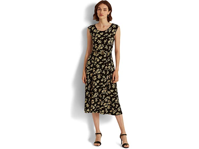 (取寄) ローレン ラルフローレン レディース ピティート フローラル ベルテッド ジャージ キャップ スリーブ ドレス LAUREN Ralph Lauren women Petite Floral Belted Jersey Cap Sleeve Dress Black/Cream