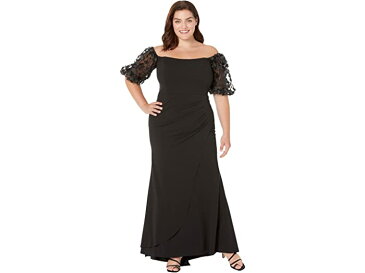 (取寄) エスケイプ レディース ロング スキューバ クレープ オフショルダー ドレス ウィズ 3-D フラワー XSCAPE women Long Scuba Crepe Off-the-Shoulder Dress with 3-D Flower Black