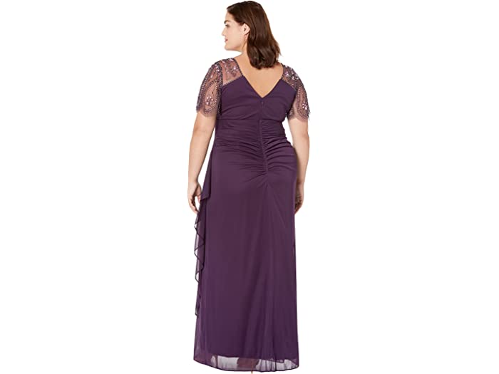 (取寄) エスケイプ レディース プラス サイズ ロング シーア マット ジャージ ビーデッド フラッター スリーブ XSCAPE women Plus Size Long Sheer Matte Jersey Beaded Flutter Sleeve Plum/Plum