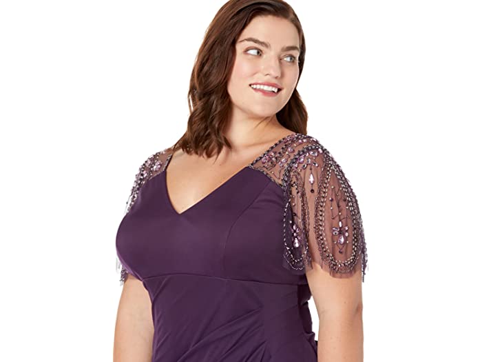 (取寄) エスケイプ レディース プラス サイズ ロング シーア マット ジャージ ビーデッド フラッター スリーブ XSCAPE women Plus Size Long Sheer Matte Jersey Beaded Flutter Sleeve Plum/Plum