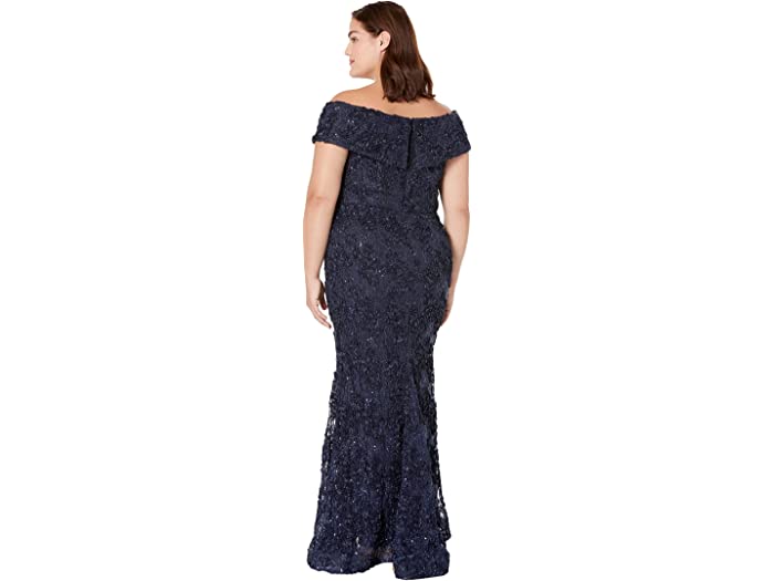 (取寄) エスケイプ レディース プラス サイズ オフショルダー エンブロイダー レース ドレス XSCAPE women Plus Size Off-the-Shoulder Embroidered Lace Dress Navy