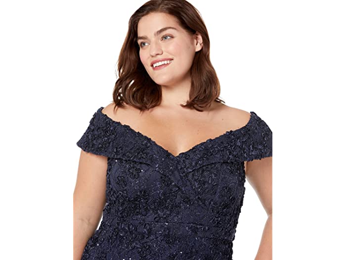 (取寄) エスケイプ レディース プラス サイズ オフショルダー エンブロイダー レース ドレス XSCAPE women Plus Size Off-the-Shoulder Embroidered Lace Dress Navy