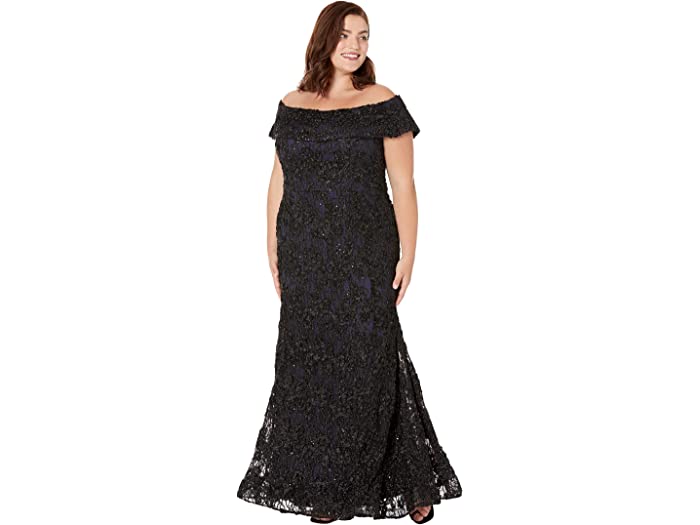 (取寄) エスケイプ レディース プラス サイズ オフショルダー ロング レース ドレス XSCAPE women Plus Size Off-the-Shoulder Long Lace Dress Black/Navy